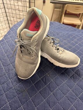 Skechers gray athletic sneakers with mint and pink accents